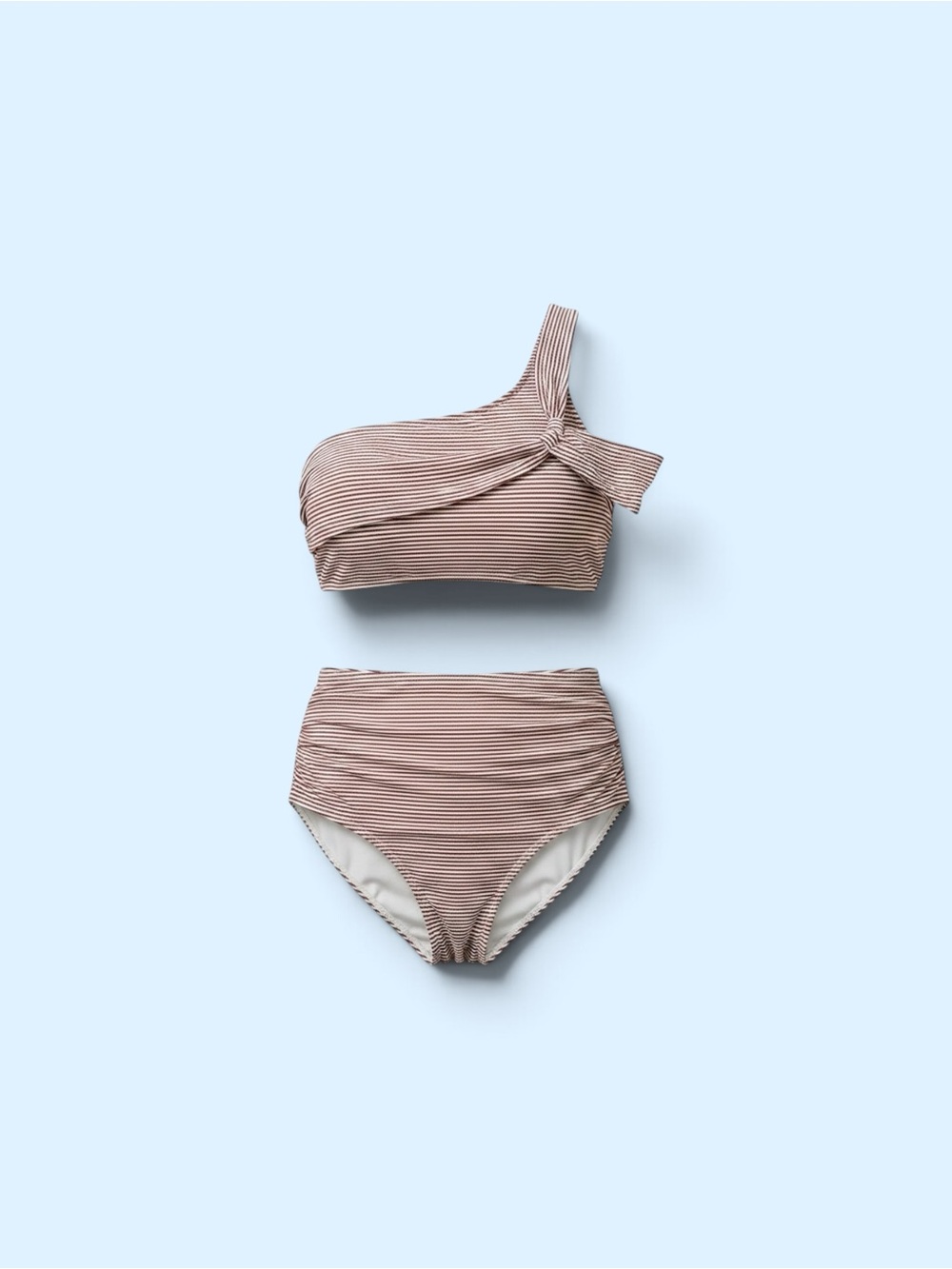 One-Shoulder High-Waist Striped Bikini Set - Taupe Stripe
